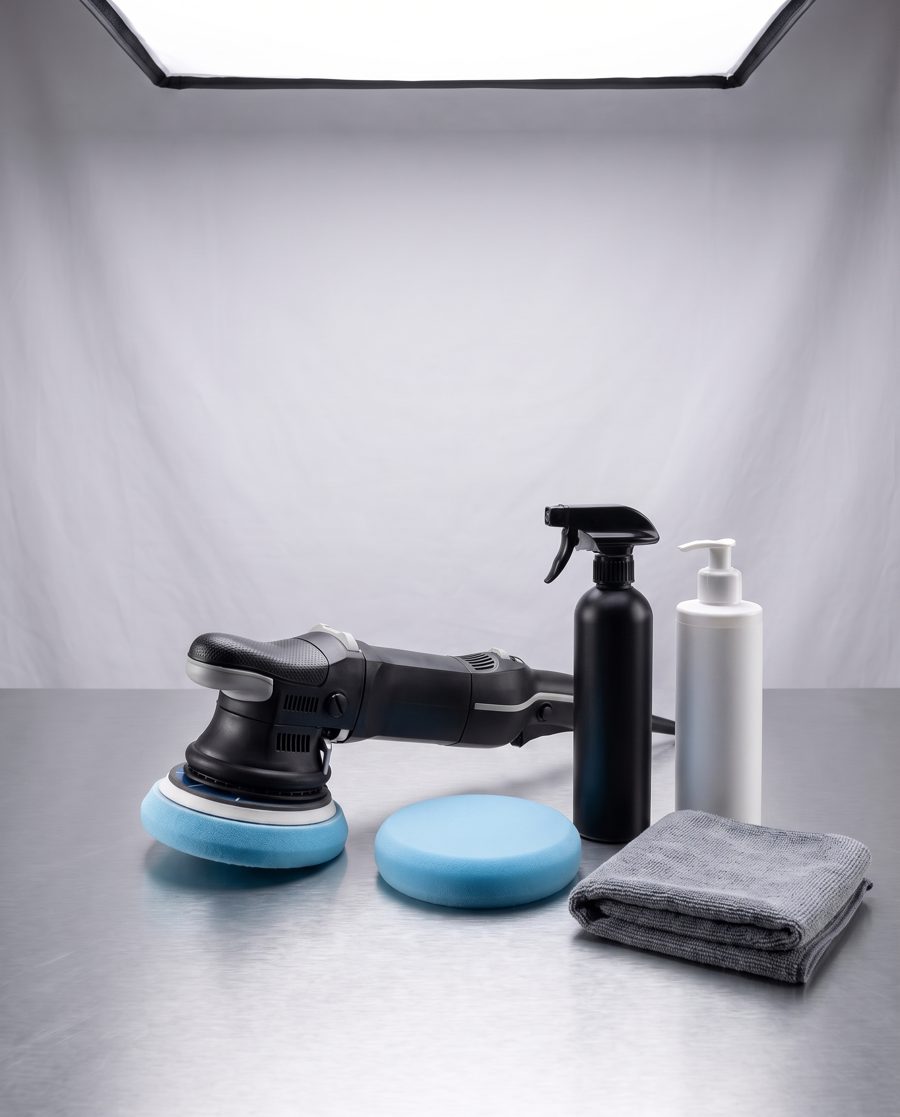 Poliermaschine mit eisblauem Pad, Politur und Versiegelung